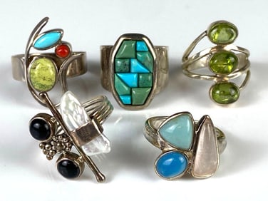 Group of 5 Sterling Silver Multi-Gemstone Rings