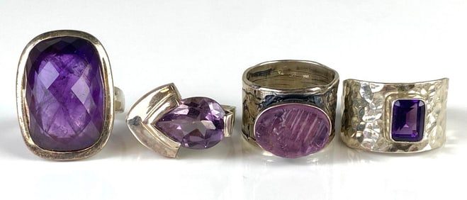 Group of 4 Purple Stone Sterling Silver Rings