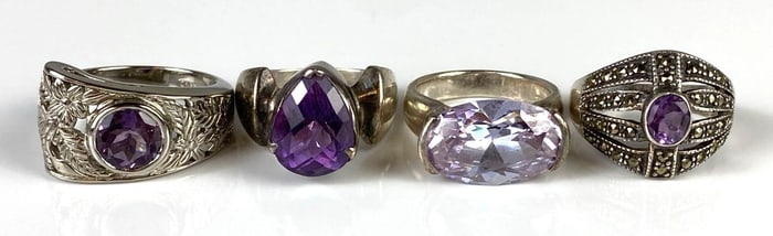 Group of 4 Purple Stone Sterling Silver Rings