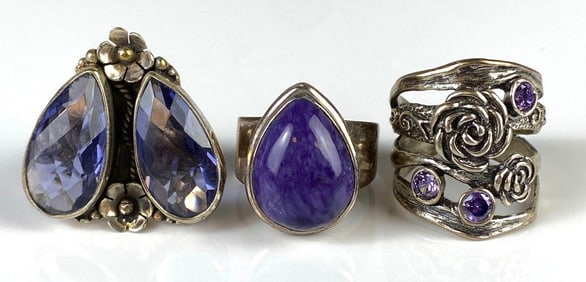 Group of 3 Purple CZ Sterling Silver Rings
