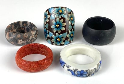 Group of 5 Porcelain and Wood Rings