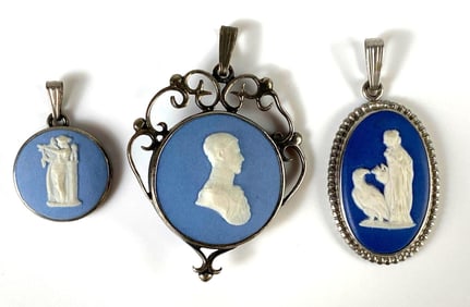 Group of 3 Sterling Silver Cameo Necklace Brooches