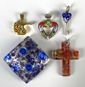 Group of Millefiori Art Glass Pendants and More