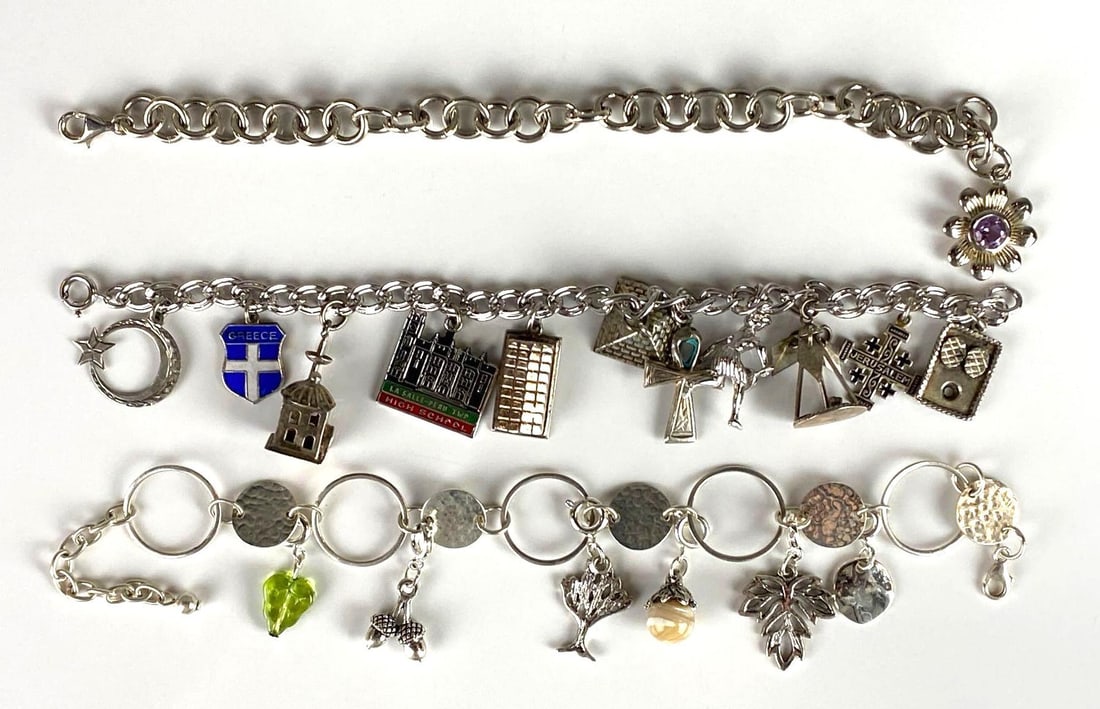 Group of Sterling Silver Charm Bracelets and More: Includes some with sterling charms, Charms include great pyramid, moon and Star, ankh, and more, Longest measures 8 inches long.