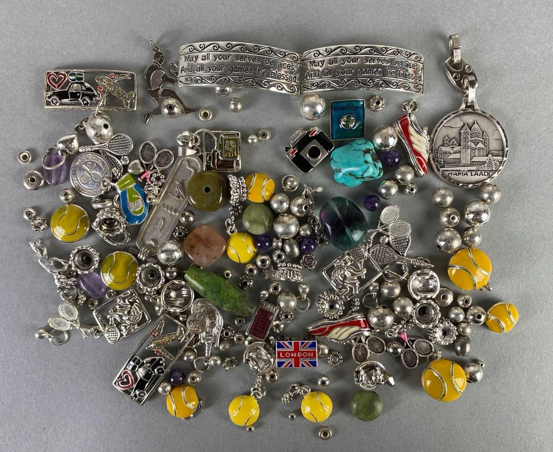 Group of Costume Jewelry Beads and Charms: Includes some Pandora, Includes tennis, Paris, travel, and more.