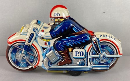 Japanese Tin Litho Friction Police Motorcycle