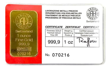 Argor Heraeus 1 oz .999 Fine Gold Ingot/ Bar
