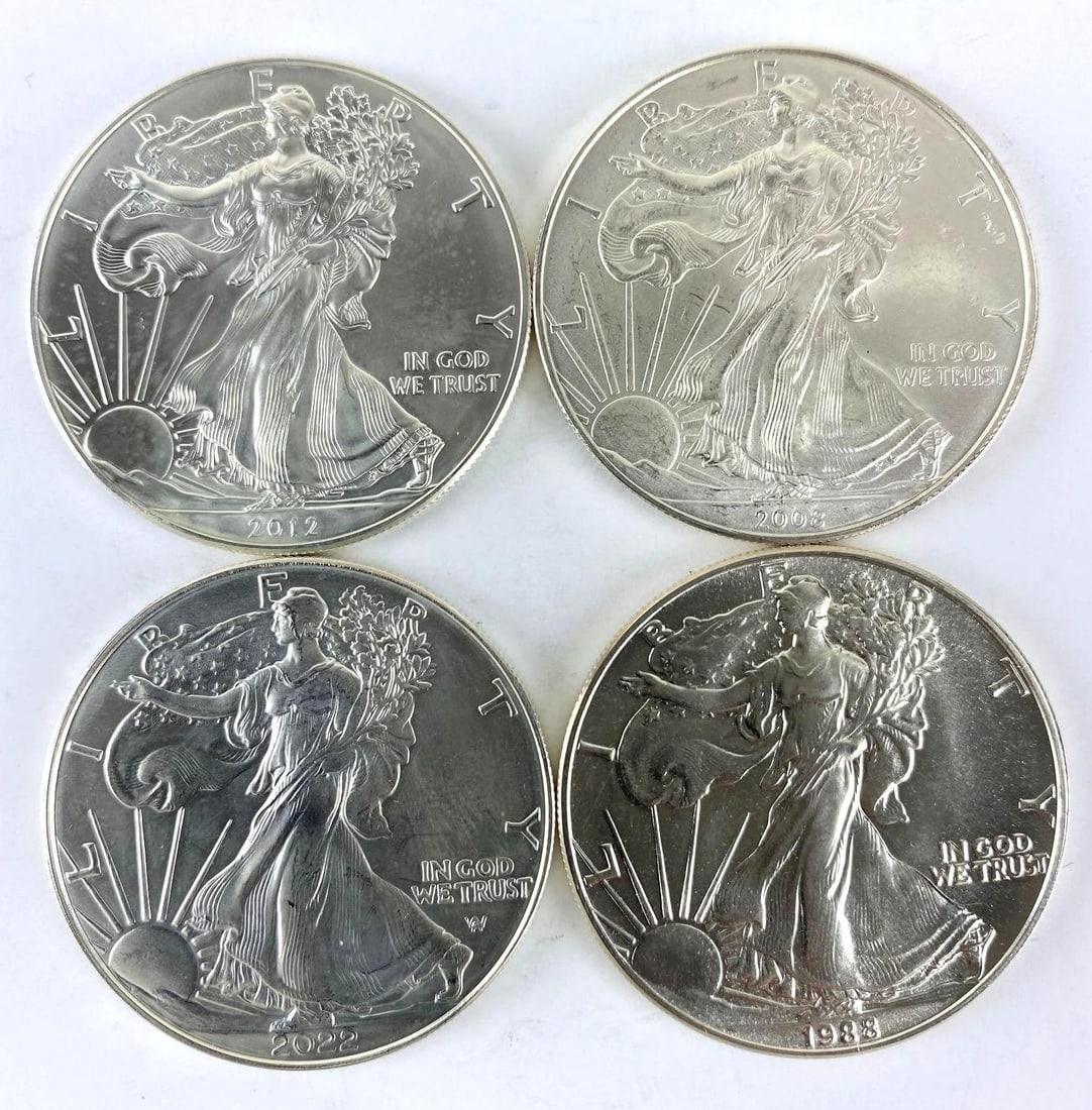 Group of 4 US $1 American Silver Eagle 1oz .999 Silver Coins (1 of 2)
