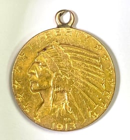 1913 $5 Indian Head Gold Coin Pendant