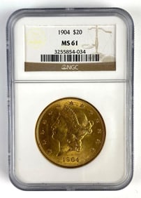 NGC Graded 1904 $20 US Liberty Head Gold Coin MS61