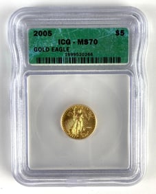 ICG Graded 2005 US $5 Gold Eagle 1/10oz .999 Fine Gold Coin MS70