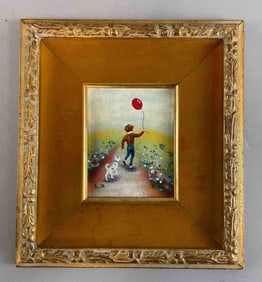 Artist Signed Boy with Balloon Painted Enamel Metal Tile