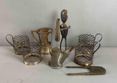 Group of Antique Silver Plate Tea Glass Holders and More