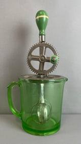 Antique A&J Uranium Glass Pitcher with Rotary Hand Mixer