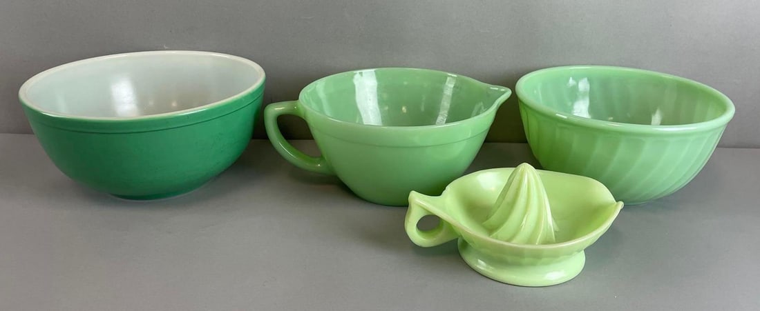 Group of Vintage Green Bowls and More: Includes fire-king, Pyrex, juicer. Largest measures 4 1/4 x 8 1/2 inches