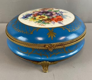Vintage French Hand-Painted Blue Porcelain Dresser Box