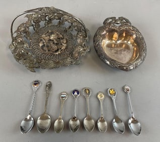Group of Silver Plate Dishes and Souvenir Spoons