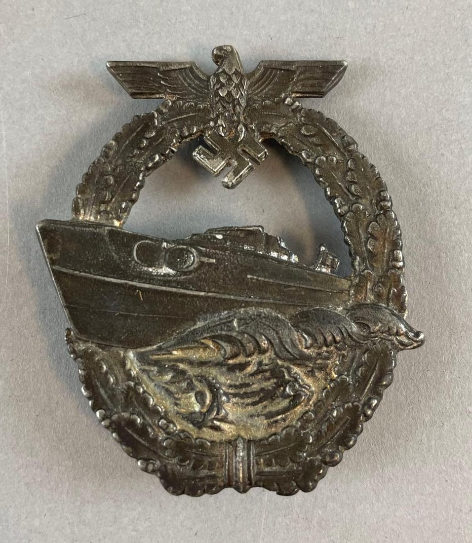 WW2 German Kriegsmarine E-Boat Badge: Stamped on back, measures 2 1/4 x 2 inches