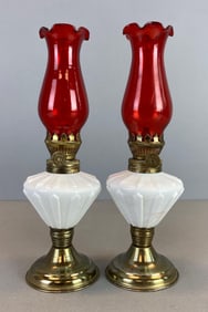 Group of 2 White Glass Reservoir Oil Lamps
