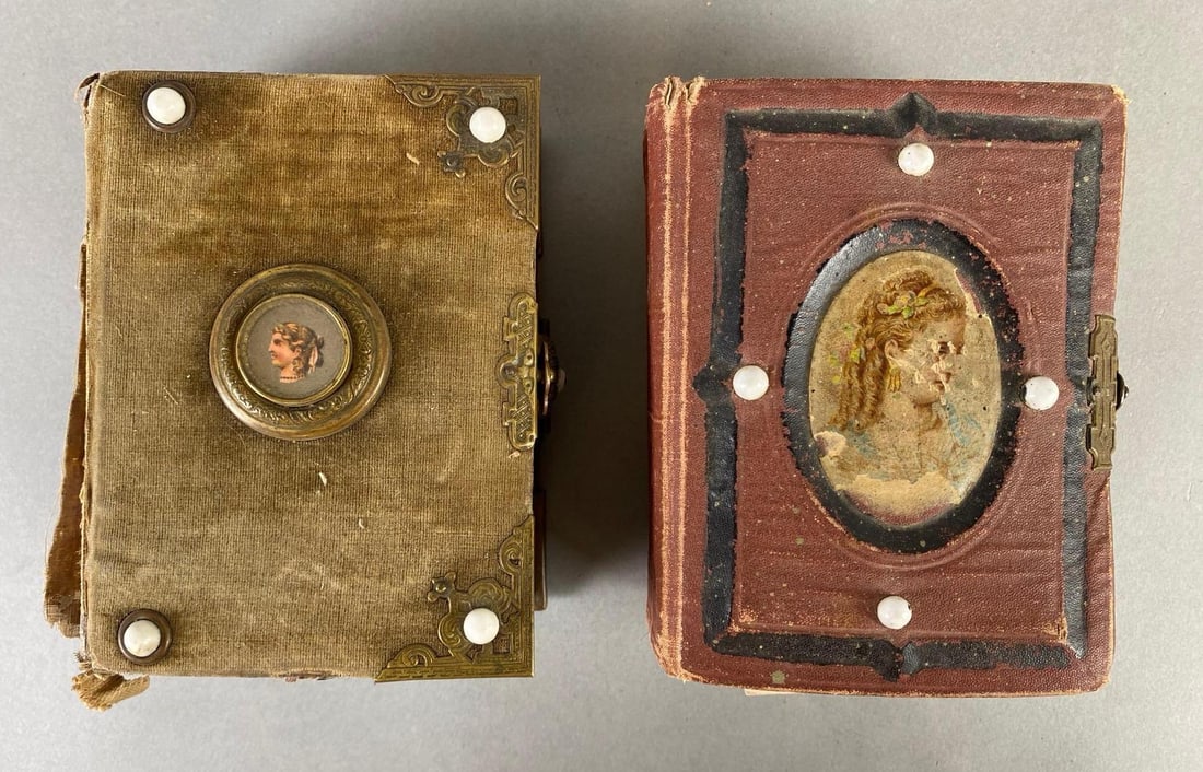 Group of 2 Photograph Albums with CDV and Tintype Photos: Approximately 70+ photographs total, Includes women, men, children, and more, Largest album measures 5 1/2 x 4 x 3 1/4 inches.