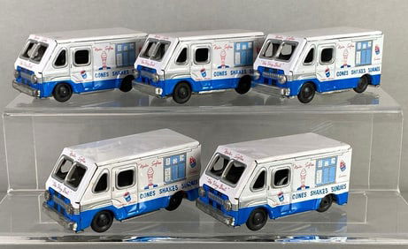 Group of 5 Mister Softee Tin-Litho Friction Ice Cream Trucks
