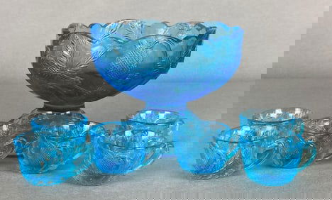 Mosser Miniature Blue Pressed Glass Punchbowl Set