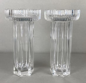 Pair of Clear Crystal Vases with Ribbed Rims