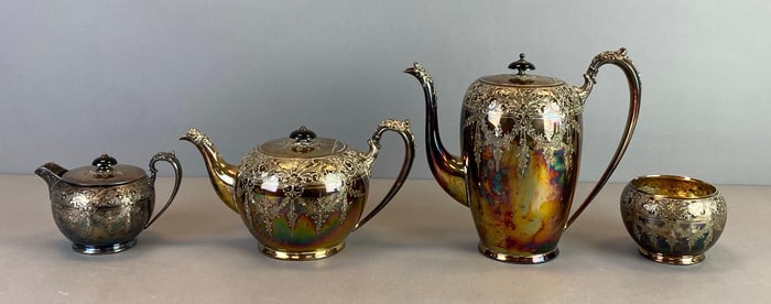 Set of Wilcox Hand Chased Silverplate Tea Set