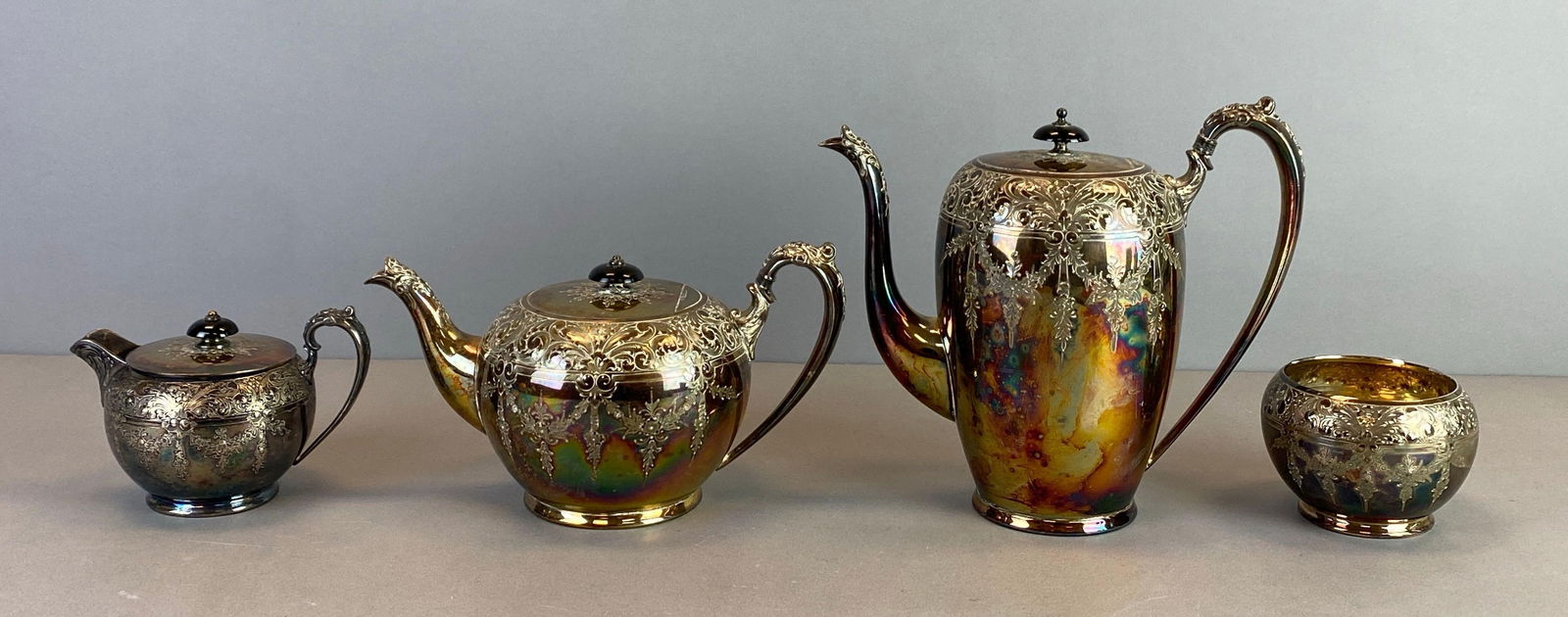 Set of Wilcox Hand Chased Silverplate Tea Set (1 of 5)