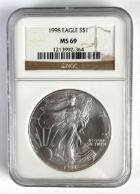NGC Graded 1998 US $1 American Silver Eagle Silver Dollar MS69