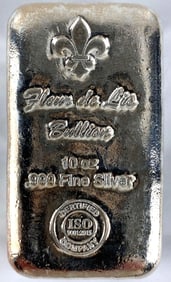 Fleur De Lis Bullion 10 oz .999 Fine Silver Ingot/ Bar