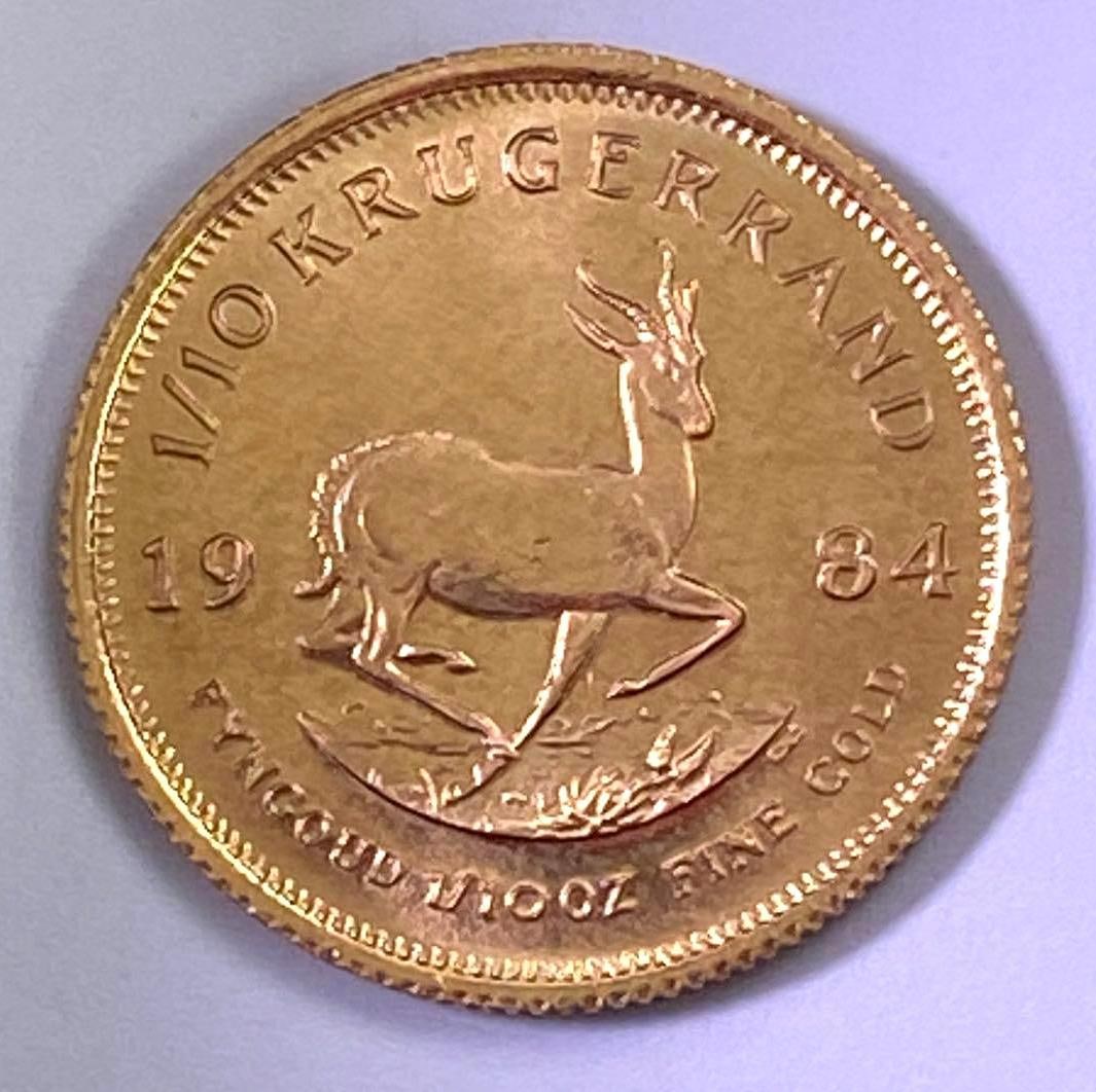 1984 South Africa Krugerrand 1/10oz Gold Coin: 1984 South Africa Krugerrand 1/10oz Fine Gold Coin