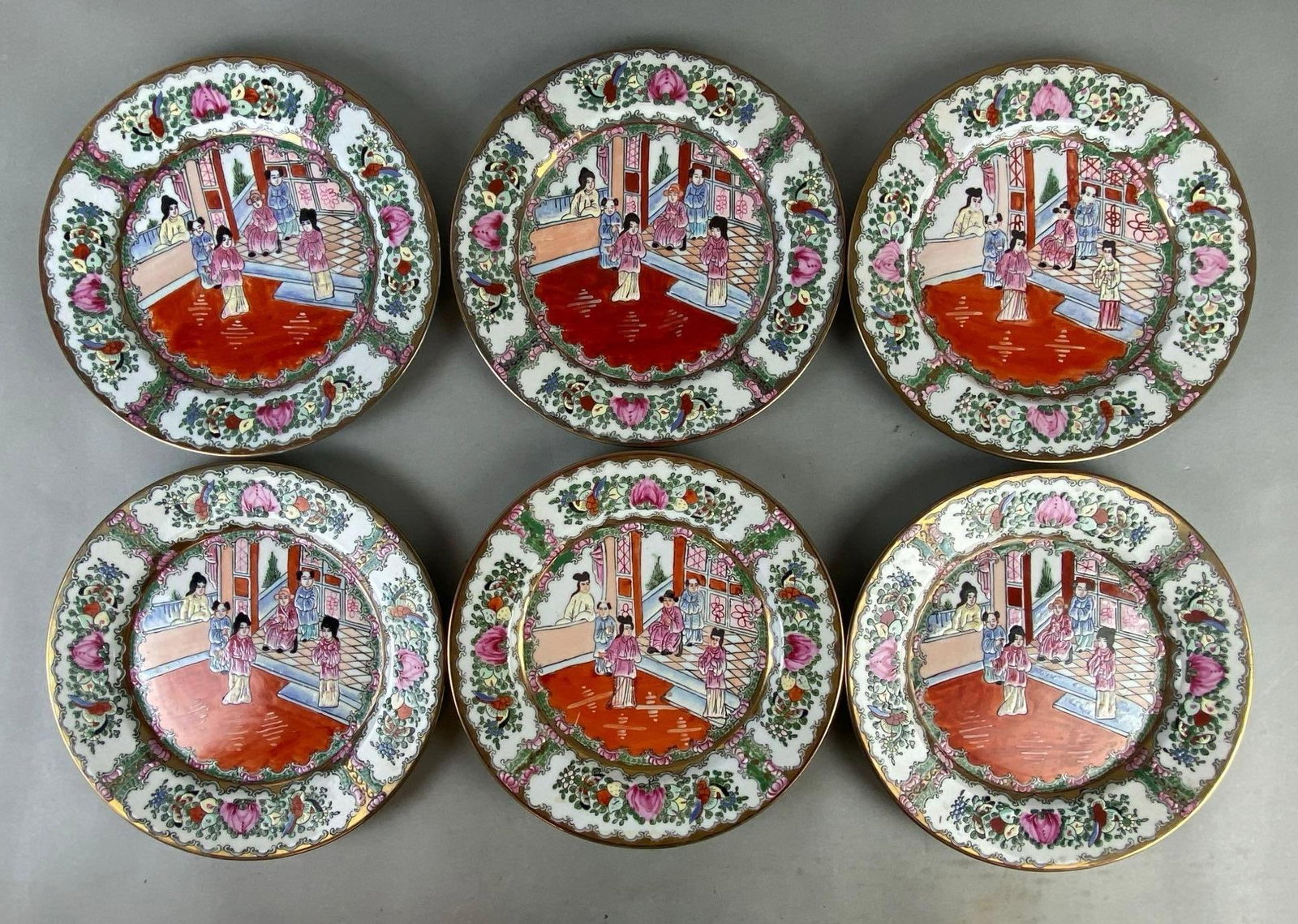 Set of 6 Chinese Canton Famille Rose Hand-Enameled Porcelain Plates (1 of 4)
