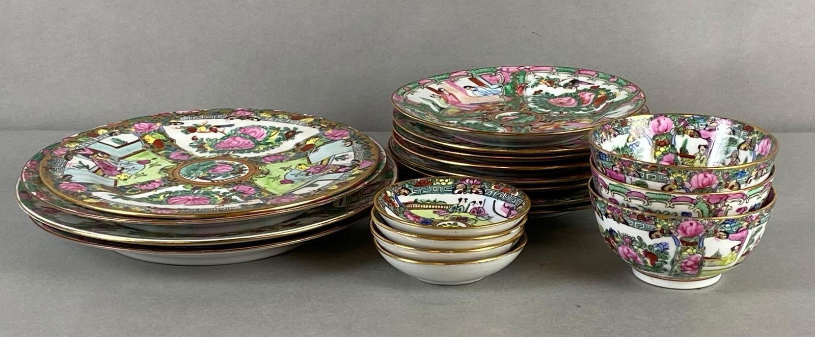 Group of Chinese Famille Rose Medallion Enameled Porcelain Plates and Bowls (1 of 8)