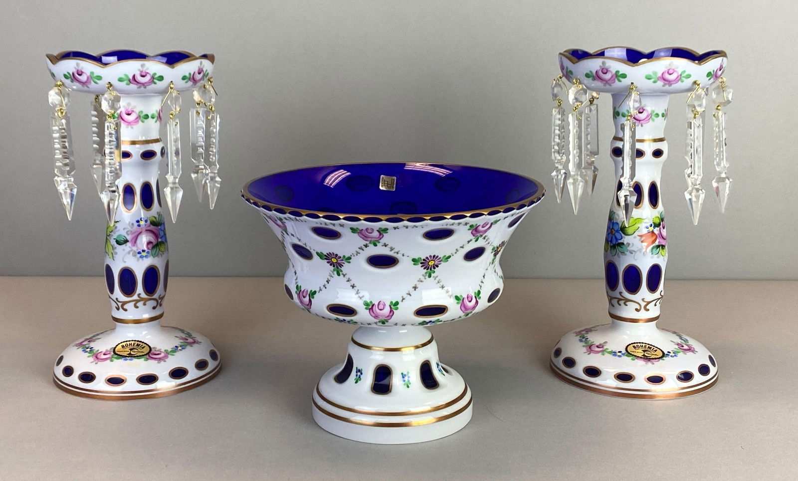 Bohemian White Overlay Cut to Cobalt Blue Glass Mantle Luster and Bowl Set