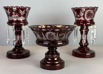 Bohemian Ruby Etched to Clear Glass Mantle Luster and Bowl Set