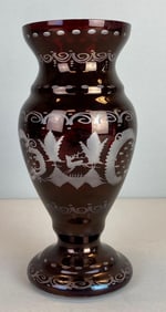 Borocrystal Bohemian Ruby Etched to Clear Glass Vase