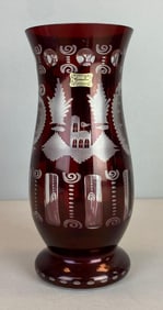 Egermann Bohemian Ruby Etched to Clear Glass Vase
