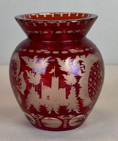 Vintage Egermann Bohemian Ruby Etched To Clear Glass Vase