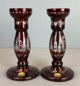 Pair of Bohemian Ruby Etched to Clear Glass Candlesticks