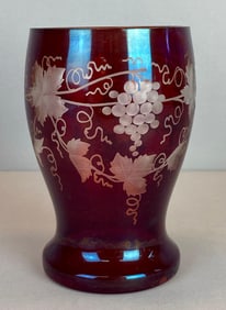 Bohemian Ruby Etched to Clear Glass Vase