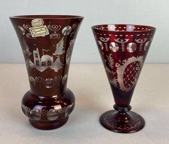 Group of 2 Bohemian Ruby Etched To Clear Glass Cordial and Vase