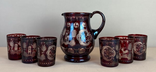 Set of 7 Egermann Bohemian Ruby Etched To Clear Drinkeware