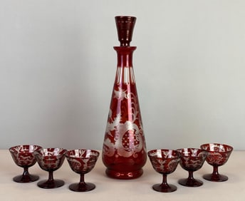 Bohemian Ruby Glass Etched To Clear Decenter Set