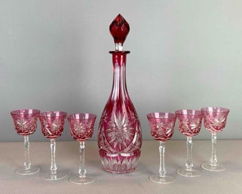 Cranberry Cut To Clear Glass Decanter Set