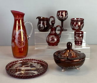 Group of Assorted Bohemian Ruby Etched To Clear Glass Items