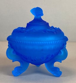 Westmoreland Blue Satin Pressed Glass Dolphin Footed Candy Dish