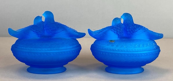 Group of 2 Westmoreland Blue Sating Glass Bird Candy Dishes