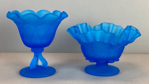 Group of 2 Westmoreland Blue Satin Glass Pedestal Candy Dishes
