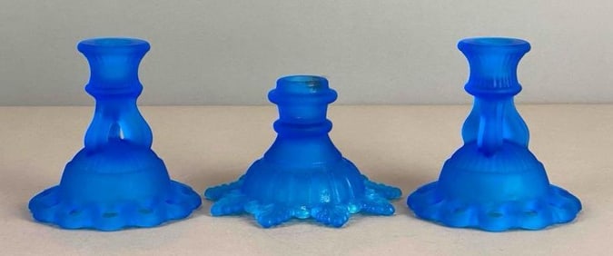 Group of 3 Westmoreland Blue Satin Glass Cadlesticks